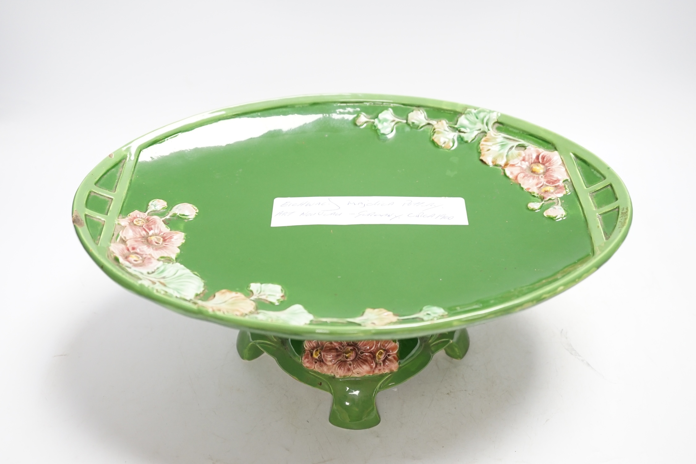 A Secessionist German Eichwald oval pottery comport, 33cm wide. Condition - chips to edge of dish